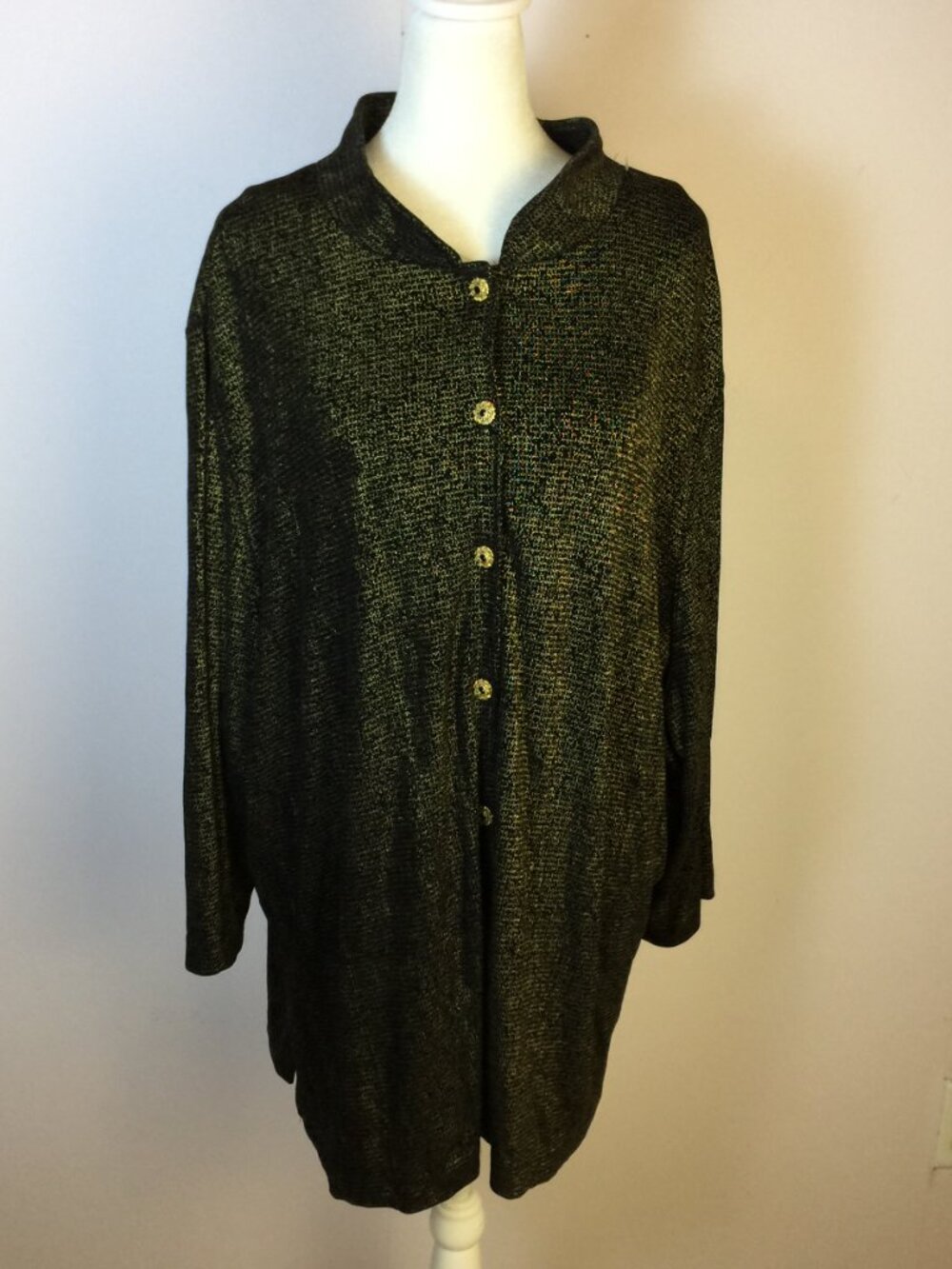 Vikki Vi Cardigan Jacket Shirt Sz 3X Womans Plus Black Gold Metallic Slinky Knit